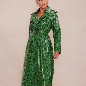 Sexy green snake skin animal print leather feel trench coat fashion nova